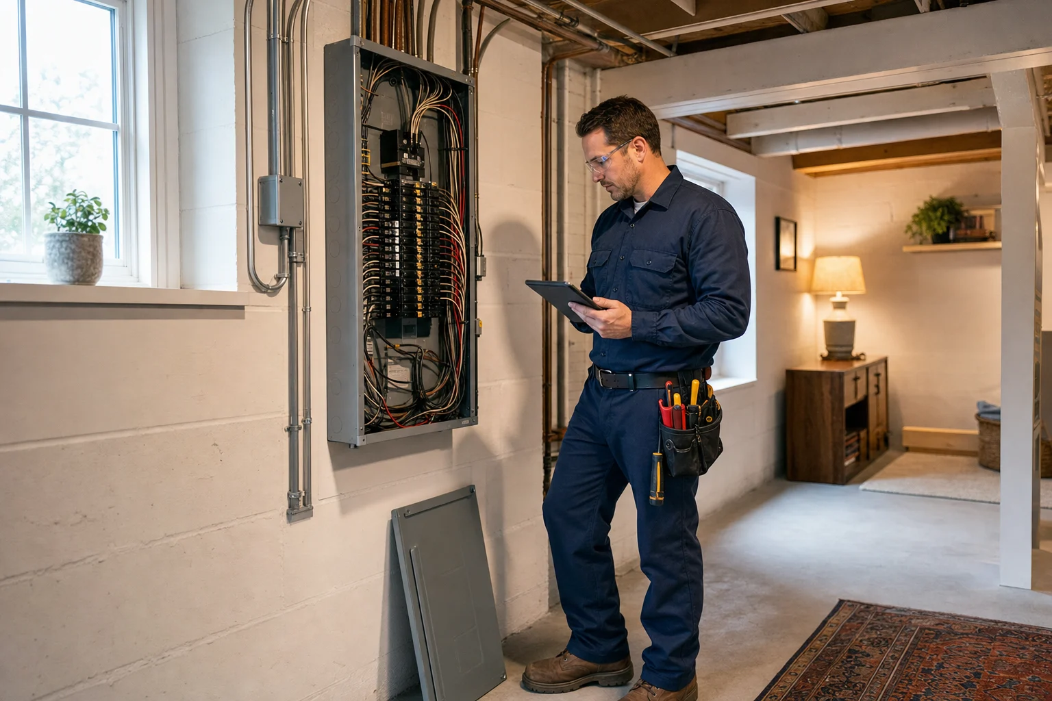 Electrician reviewing a work order beside a residential electrical panel.